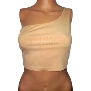 Nude, one shoulder crop top.